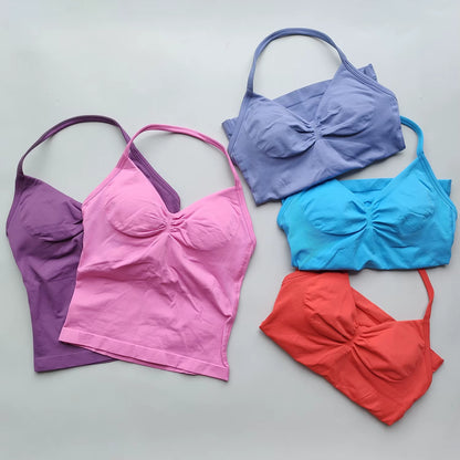 Longline Strappy Gym Top Backless Gym Clothes Women Scrunch Built-In Bra with Removable Cups Yoga Tank Tops